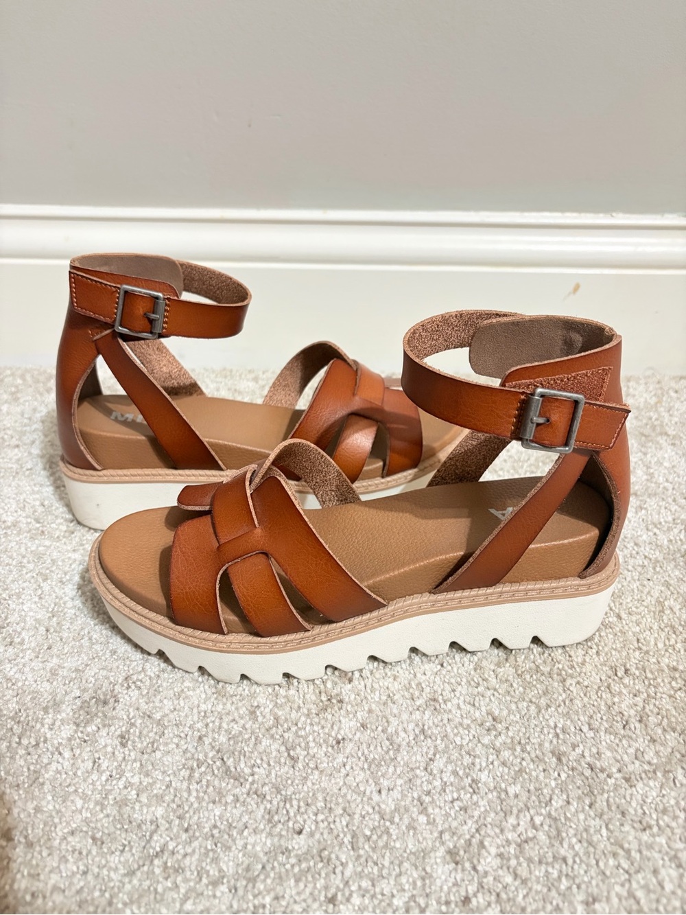 MIA Tan Leather Platform Ankle-Strap Sandals